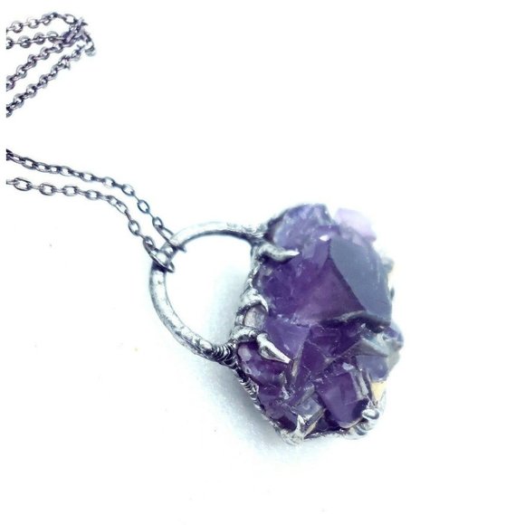 Huge Purple Flourite Octohedral crystal necklace  handmade gothic fantasy metal - Picture 4 of 12
